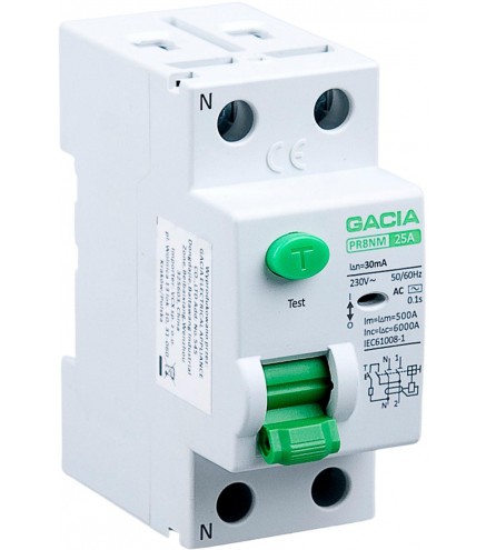 Wyłącznik różnicowoprądowy 25A, 30mA, 2P, typ A GACIA PR8NM 2P 25A 30MA A
