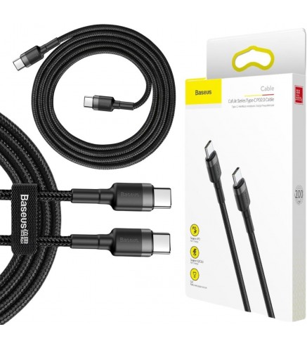 KABEL USB-C / USB-C Baseus Cafule CATKLF-HG1 200cm 60W 3A PD 2.0 QC 3.0 CZARNO-SZARY W OPLOCIE