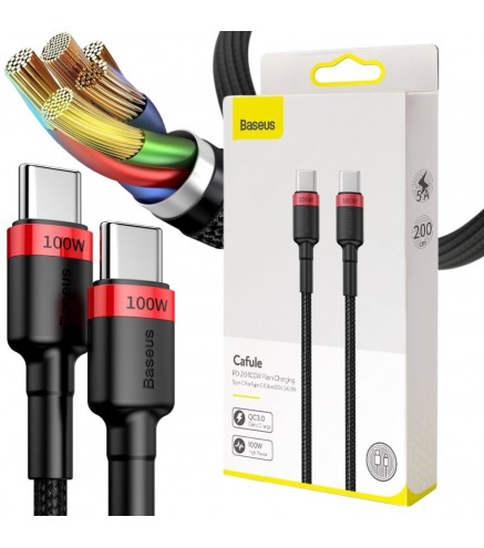 KABEL USB-C / USB-C Baseus Cafule CATKLF-AL91 200cm 100W 5A PD 2.0 QC 3.0 CZARNY W OPLOCIE