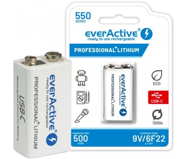 Akumulatorek 6F22 Li-Ion everActive 9V 550mAh z gniazdem USB-C
