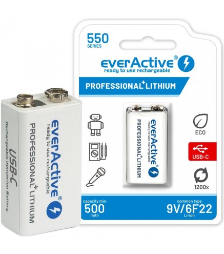 Akumulatorek 6F22 Li-Ion everActive 9V 550mAh z gniazdem USB-C