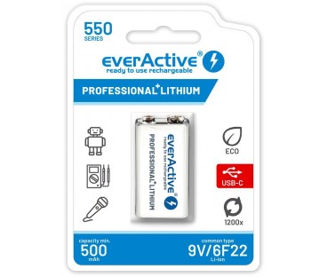 Akumulatorek 6F22 Li-Ion everActive 9V 550mAh z gniazdem USB-C