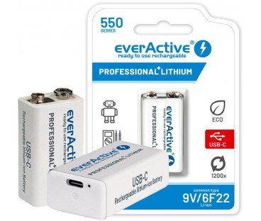 Akumulatorek 6F22 Li-Ion everActive 9V 550mAh z gniazdem USB-C