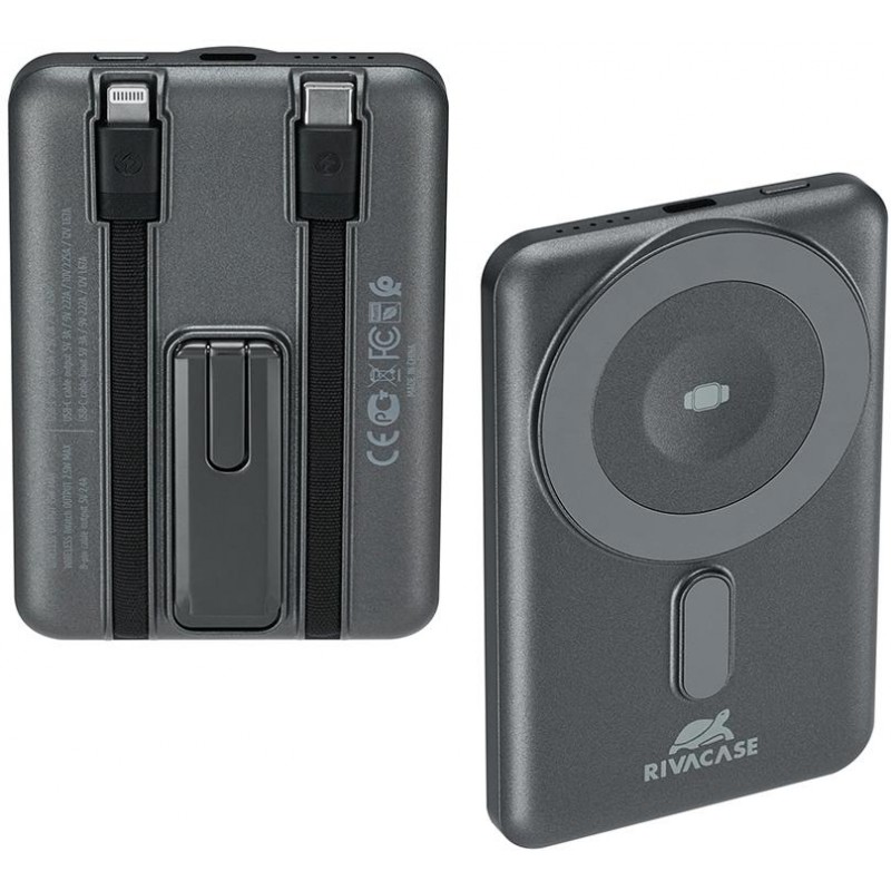 Powerbank Rivacase 5000mAh 22.5W PD Qi Magsafe 1x USB-C VA2607 szary + kabel USB-C i Lightning