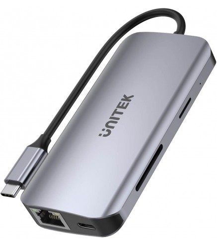 Unitek D1122A01 Aktywny hub USB-C 5Gbps, 2x HDMI 4K, czytnik kart, RJ-45, PD 100W
