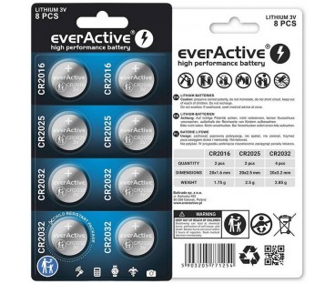 Zestaw 8 baterii 3,0V 4x CR2032 2x CR2025 2x CR2016 everActive