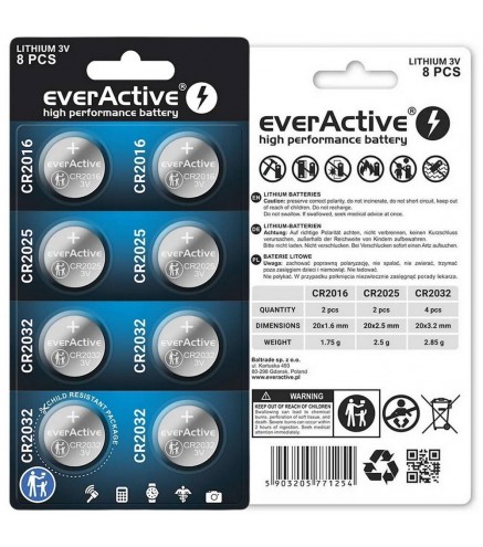 Zestaw 8 baterii 3,0V 4x CR2032 2x CR2025 2x CR2016 everActive