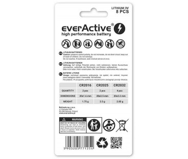 Zestaw 8 baterii 3,0V 4x CR2032 2x CR2025 2x CR2016 everActive