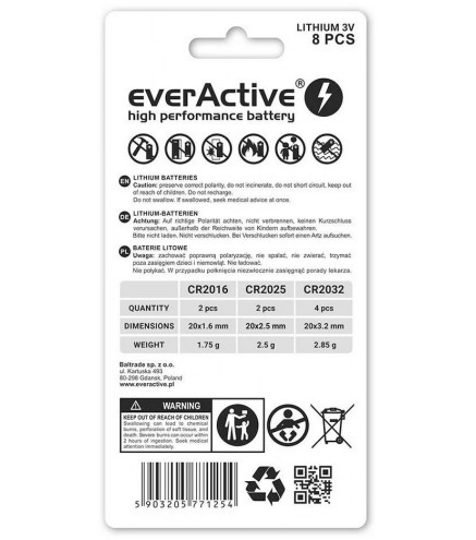 Zestaw 8 baterii 3,0V 4x CR2032 2x CR2025 2x CR2016 everActive