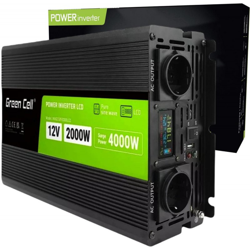 PRZETWORNICA NAPIĘCIA Green Cell PowerInverter LCD 12V / 230V 2000W/4000W CZYSTA SINUSOIDA