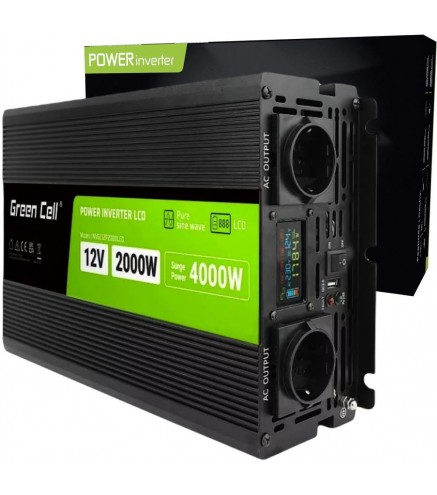 PRZETWORNICA NAPIĘCIA Green Cell PowerInverter LCD 12V / 230V 2000W/4000W CZYSTA SINUSOIDA