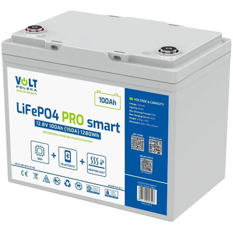 Akumulator LiFePO4 Volt Polska PRO SMART 12,8V 100 Ah (150A) BMS BLUETOOTH + MATA GRZEWCZA
