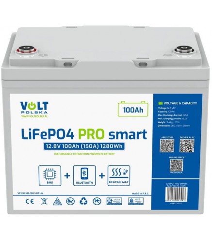Akumulator LiFePO4 Volt Polska PRO SMART 12,8V 100 Ah (150A) BMS BLUETOOTH + MATA GRZEWCZA