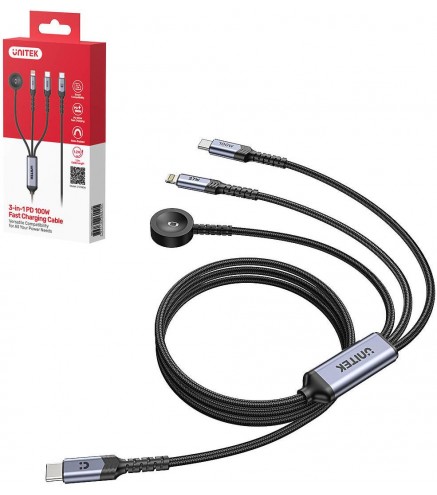 Kabel 3 w 1 Unitek 2.0 USB-C + Lightning + Apple Watch PD 100W 480 Mbps 1,2 m