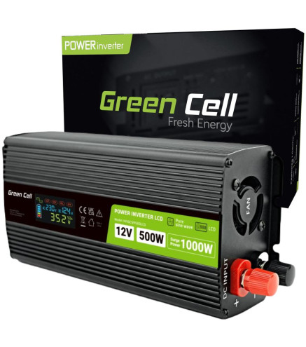 PRZETWORNICA NAPIĘCIA Green Cell PowerInverter LCD 12V / 230V 500W/1000W CZYSTA SINUSOIDA