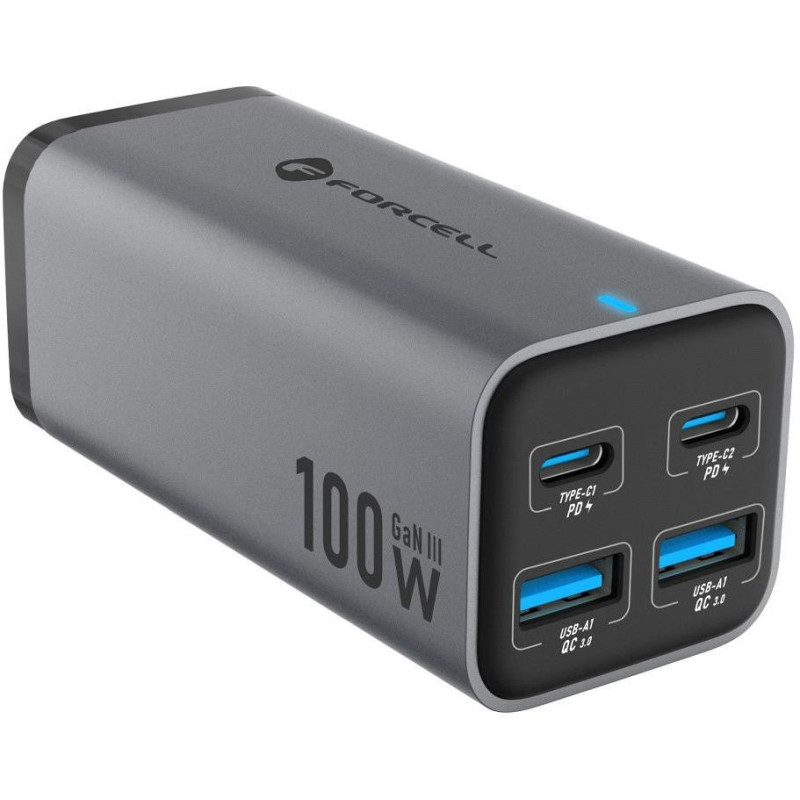 Ładowarka biurkowa Forcell F-Energy GaN III 2x USB-C 2x USB-A QC 4.0 PD 5A 100W VT-49 szara
