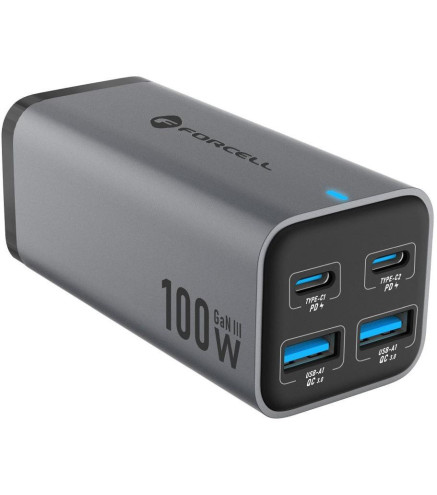 Ładowarka biurkowa Forcell F-Energy GaN III 2x USB-C 2x USB-A QC 4.0 PD 5A 100W VT-49 szara