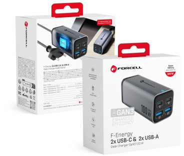 Ładowarka biurkowa Forcell F-Energy GaN III 2x USB-C 2x USB-A QC 4.0 PD 5A 100W VT-49 szara