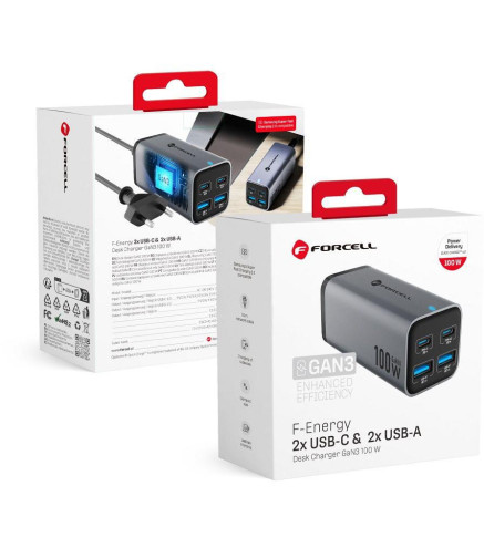 Ładowarka biurkowa Forcell F-Energy GaN III 2x USB-C 2x USB-A QC 4.0 PD 5A 100W VT-49 szara