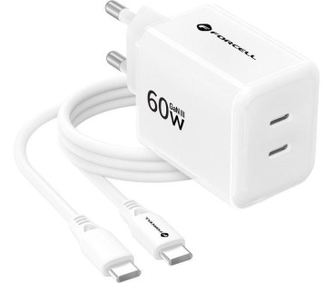 Ładowarka sieciowa Forcell F-Energy GaN III VT-60 60W PD QC 4.0+ 2x USB-C biała + kabel USB-C
