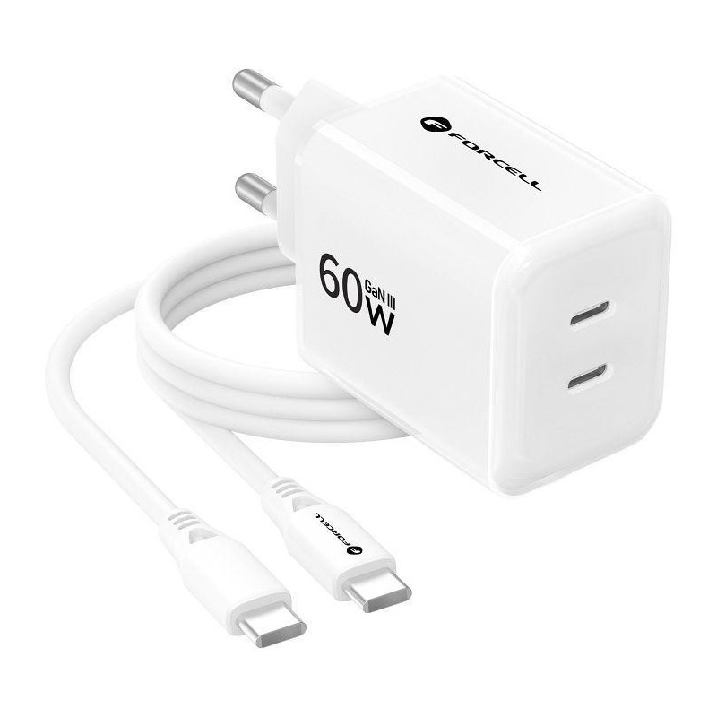 Ładowarka sieciowa Forcell F-Energy GaN III VT-60 60W PD QC 4.0+ 2x USB-C biała + kabel USB-C