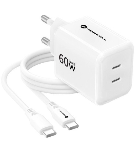 Ładowarka sieciowa Forcell F-Energy GaN III VT-60 60W PD QC 4.0+ 2x USB-C biała + kabel USB-C