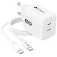 Ładowarka sieciowa Forcell F-Energy GaN III VT-60 60W PD QC 4.0+ 2x USB-C biała + kabel USB-C