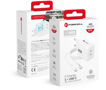 Ładowarka sieciowa Forcell F-Energy GaN III VT-60 60W PD QC 4.0+ 2x USB-C biała + kabel USB-C