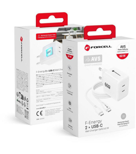 Ładowarka sieciowa Forcell F-Energy GaN III VT-60 60W PD QC 4.0+ 2x USB-C biała + kabel USB-C