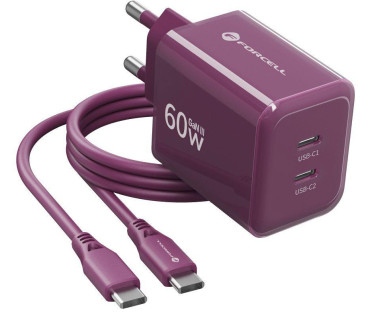 Ładowarka sieciowa Forcell F-Energy GaN III VT-60 60W PD QC 4.0+ 2x USB-C burgundowa + kabel USB-C