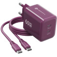 Ładowarka sieciowa Forcell F-Energy GaN III VT-60 60W PD QC 4.0+ 2x USB-C burgundowa + kabel USB-C