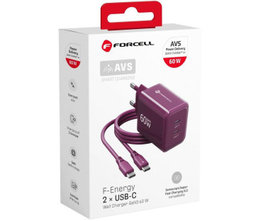 Ładowarka sieciowa Forcell F-Energy GaN III VT-60 60W PD QC 4.0+ 2x USB-C burgundowa + kabel USB-C