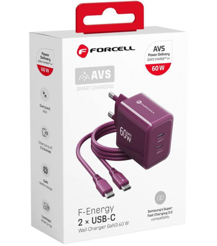 Ładowarka sieciowa Forcell F-Energy GaN III VT-60 60W PD QC 4.0+ 2x USB-C burgundowa + kabel USB-C