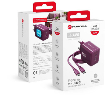 Ładowarka sieciowa Forcell F-Energy GaN III VT-60 60W PD QC 4.0+ 2x USB-C burgundowa + kabel USB-C