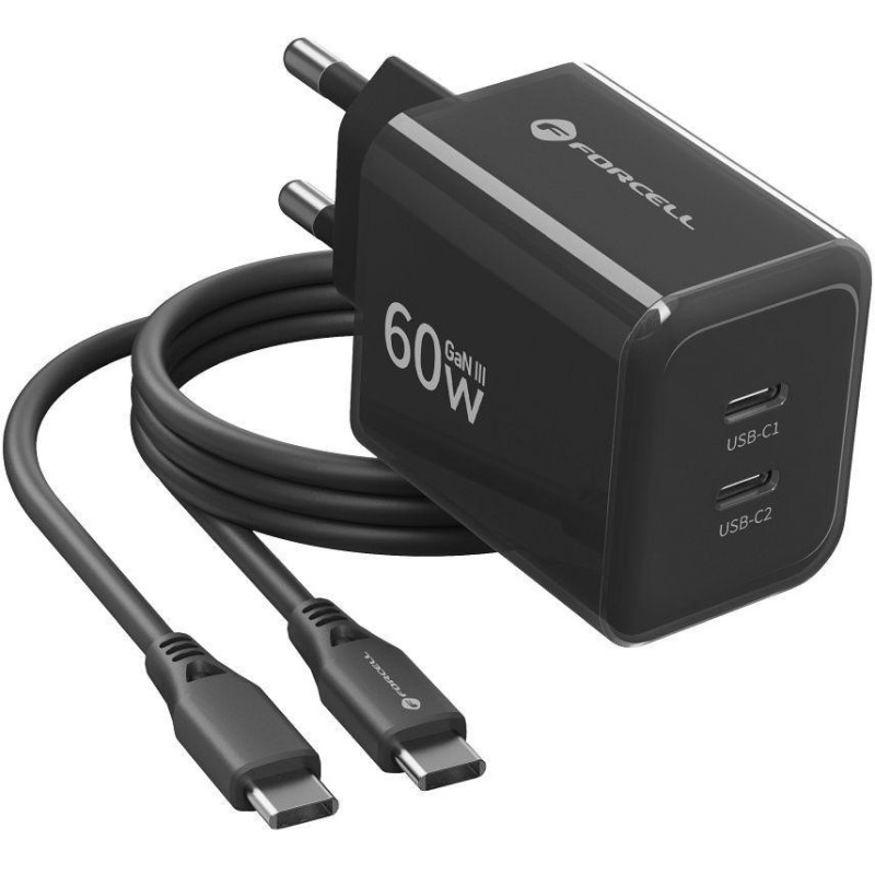 Ładowarka sieciowa Forcell F-Energy GaN III VT-60 60W PD QC 4.0+ 2x USB-C czarna + kabel USB-C