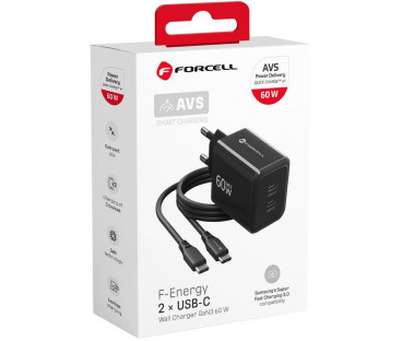 Ładowarka sieciowa Forcell F-Energy GaN III VT-60 60W PD QC 4.0+ 2x USB-C czarna + kabel USB-C