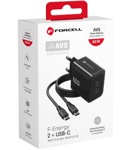 Ładowarka sieciowa Forcell F-Energy GaN III VT-60 60W PD QC 4.0+ 2x USB-C czarna + kabel USB-C