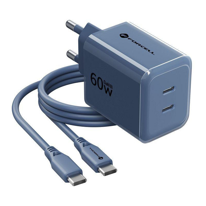 Ładowarka sieciowa Forcell F-Energy GaN III VT-60 60W PD QC 4.0+ 2x USB-C granatowa + kabel USB-C