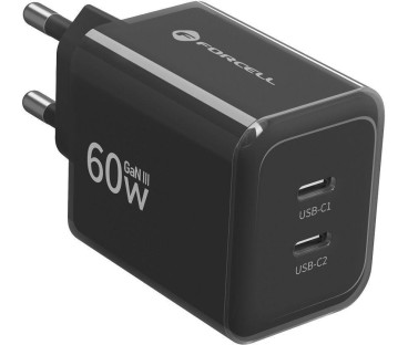 Ładowarka sieciowa Forcell F-Energy GaN III VT-60 60W PD QC 4.0+ 2x USB-C czarna + kabel USB-C