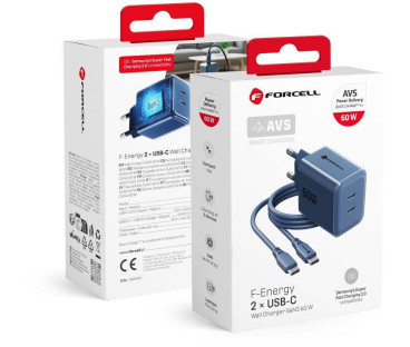 Ładowarka sieciowa Forcell F-Energy GaN III VT-60 60W PD QC 4.0+ 2x USB-C granatowa + kabel USB-C