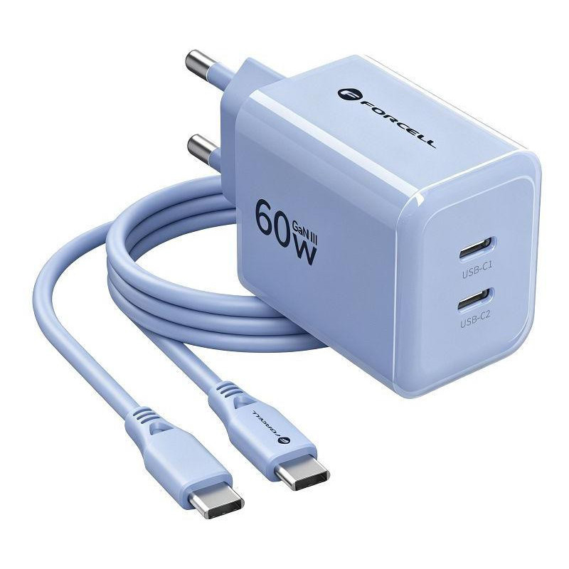 Ładowarka sieciowa Forcell F-Energy GaN III VT-60 60W PD QC 4.0+ 2x USB-C niebieska + kabel USB-C