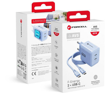 Ładowarka sieciowa Forcell F-Energy GaN III VT-60 60W PD QC 4.0+ 2x USB-C niebieska + kabel USB-C