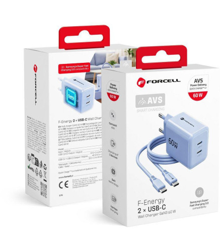 Ładowarka sieciowa Forcell F-Energy GaN III VT-60 60W PD QC 4.0+ 2x USB-C niebieska + kabel USB-C