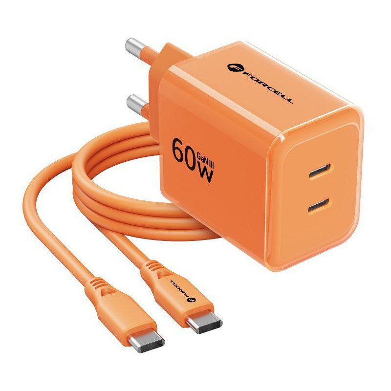 Ładowarka sieciowa Forcell F-Energy GaN III VT-60 60W PD QC 4.0+ 2x USB-C pomarańczowa + kabel USB-C