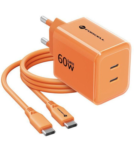 Ładowarka sieciowa Forcell F-Energy GaN III VT-60 60W PD QC 4.0+ 2x USB-C pomarańczowa + kabel USB-C