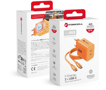 Ładowarka sieciowa Forcell F-Energy GaN III VT-60 60W PD QC 4.0+ 2x USB-C pomarańczowa + kabel USB-C