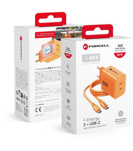 Ładowarka sieciowa Forcell F-Energy GaN III VT-60 60W PD QC 4.0+ 2x USB-C pomarańczowa + kabel USB-C