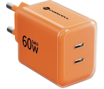 Ładowarka sieciowa Forcell F-Energy GaN III VT-60 60W PD QC 4.0+ 2x USB-C pomarańczowa + kabel USB-C