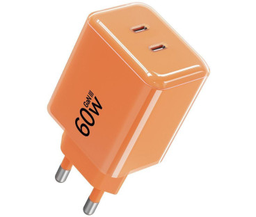 Ładowarka sieciowa Forcell F-Energy GaN III VT-60 60W PD QC 4.0+ 2x USB-C pomarańczowa + kabel USB-C