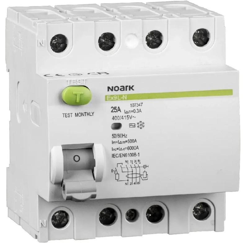 WYŁĄCZNIK RÓŻNICOWOPRĄDOWY, 6 KA, 25A, 30MA, 4P TYP AC EX9L-N. Noark 108331